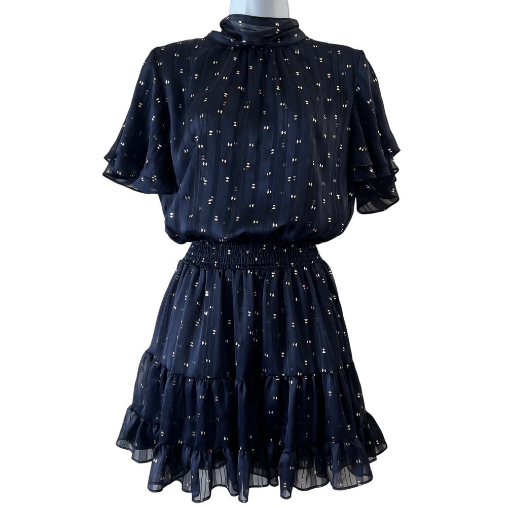 Misa Saffia Mini Dress Womens XS Navy Gold Lurex Dot Ruffle Tie Neck